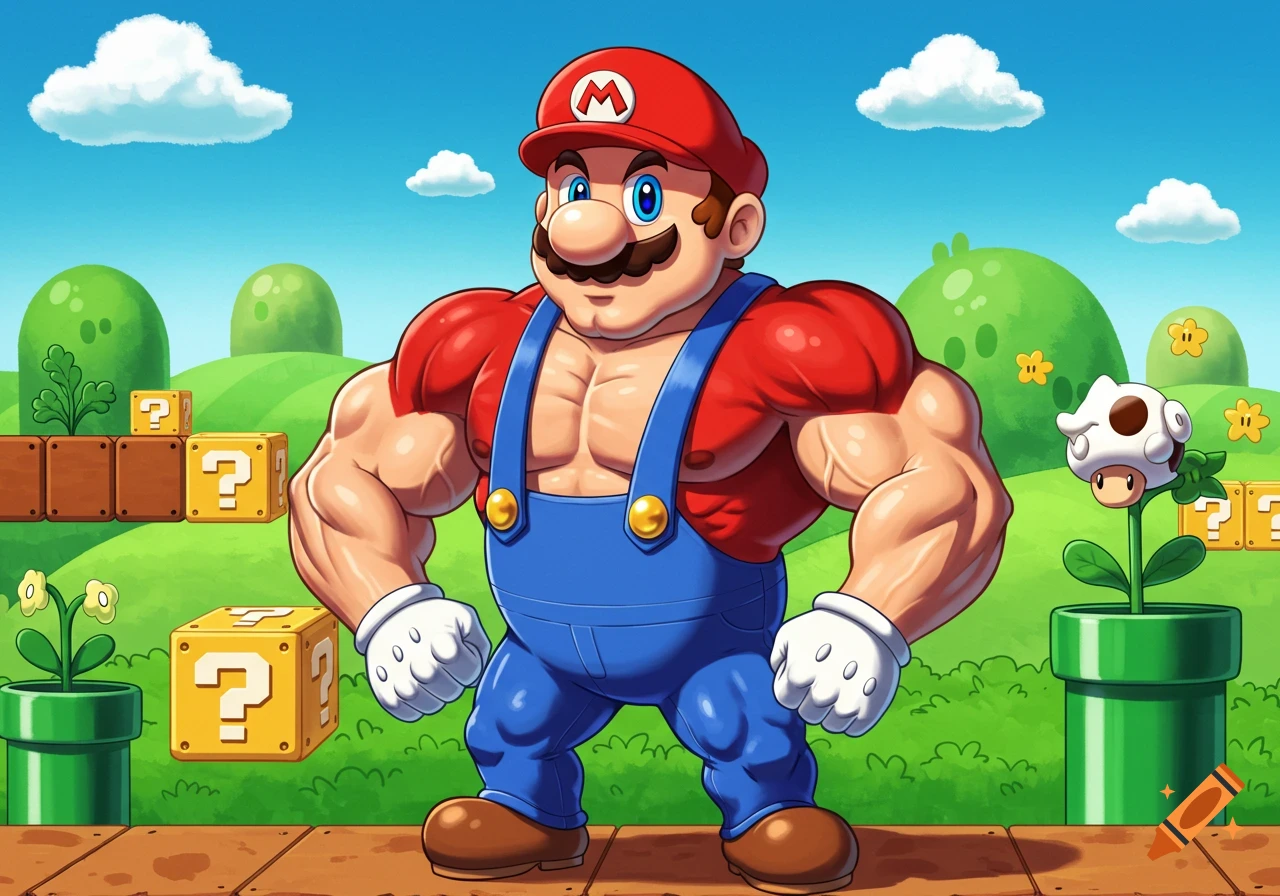 A muscular Mario stands in a bright Super Mario Bros. landscape with green hills, blue sky, clouds, pipes, and question mark blocks.