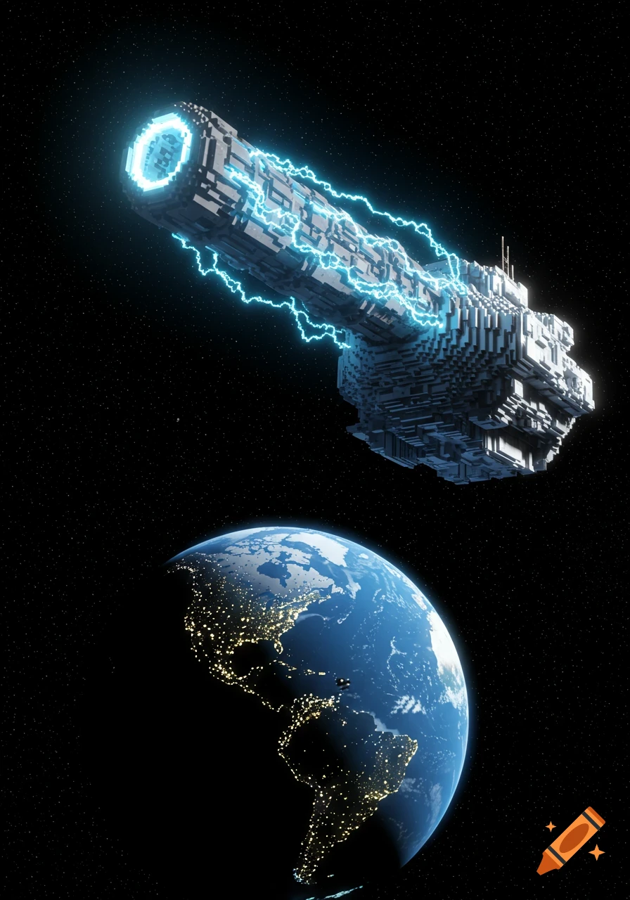 A voxel art orbital cannon with blue lightning, hovering above Earth in space.