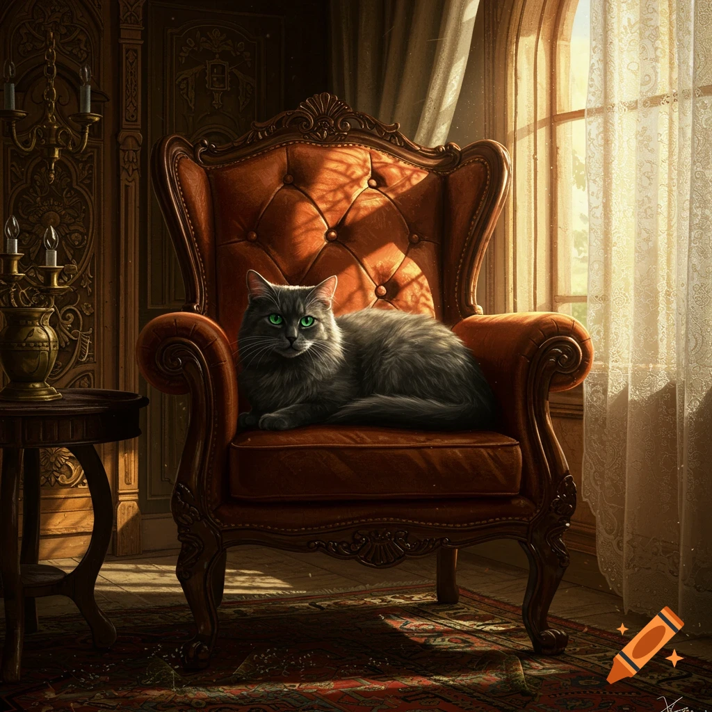 A photorealistic gray cat with green eyes sits on an ornate orange velvet armchair in a sunlit, luxurious room.