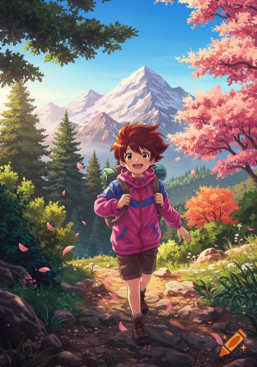 An anime character, a boy, wearing a pink jacket and backpack, smiles while hiking on a rocky trail with mountains and cherry blossoms.