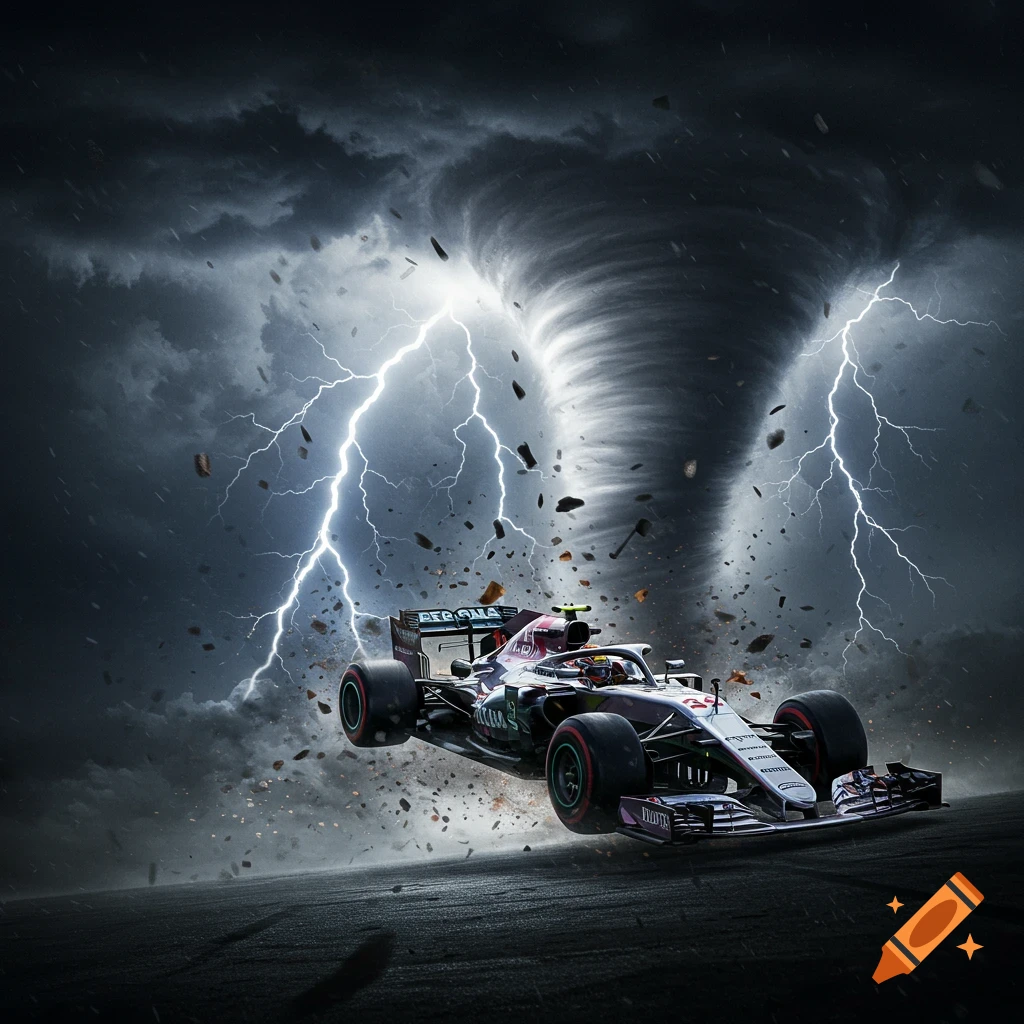 A Formula 1 racing car appears to be floating mid-air amidst a powerful tornado, with lightning striking from a dark, stormy sky and debris flying around. Photorealistic.