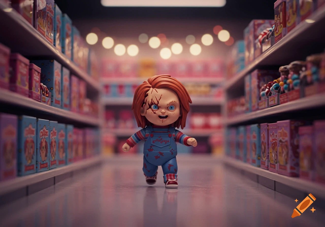 Chibi toy Chucky, with red hair and scarred face, in blue overalls runs playfully down a pastel toy store aisle with blurry shelves of doll boxes and fairy lights.