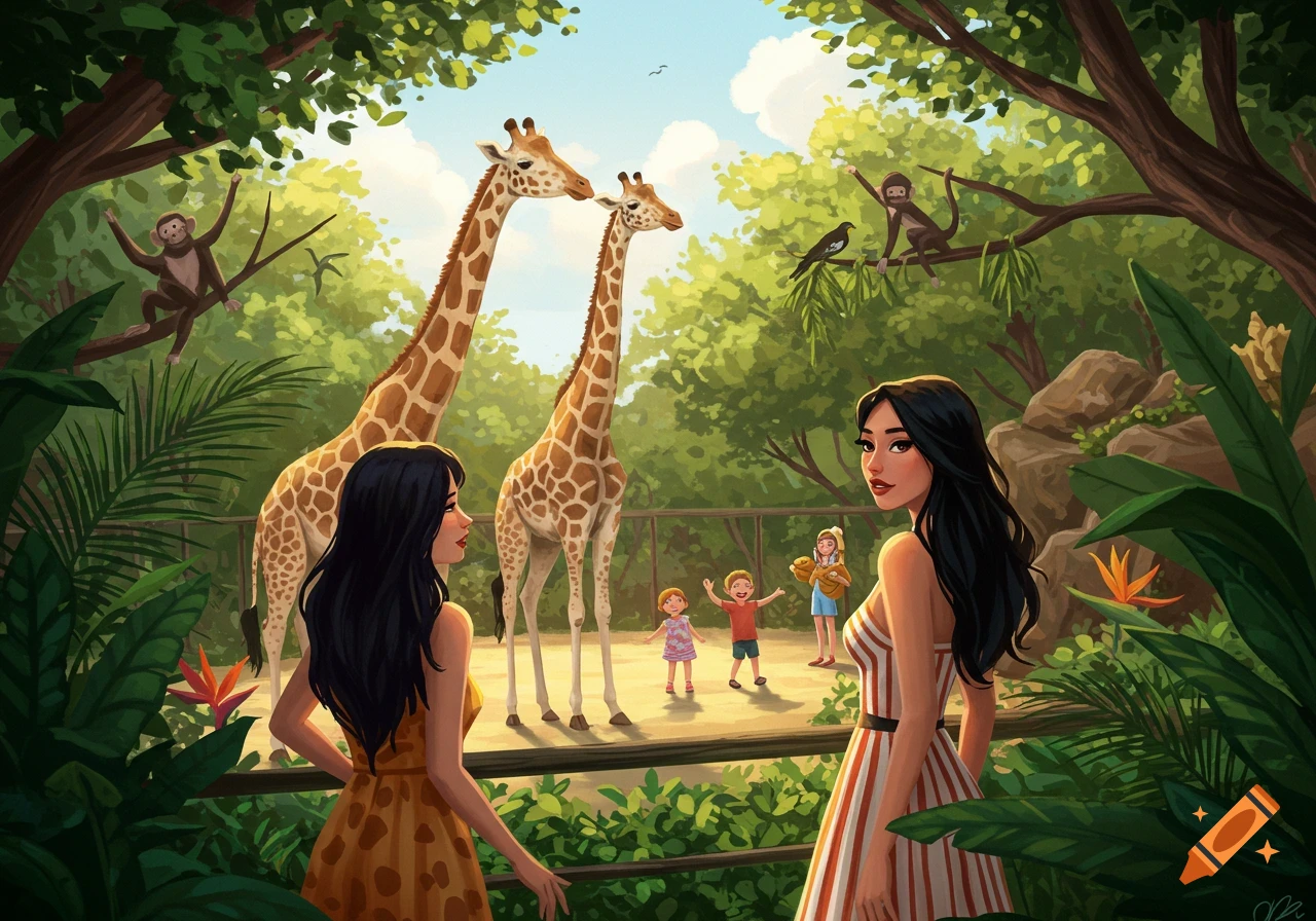 A vibrant illustration of two women looking at giraffes and children in a lush zoo setting with monkeys in trees.