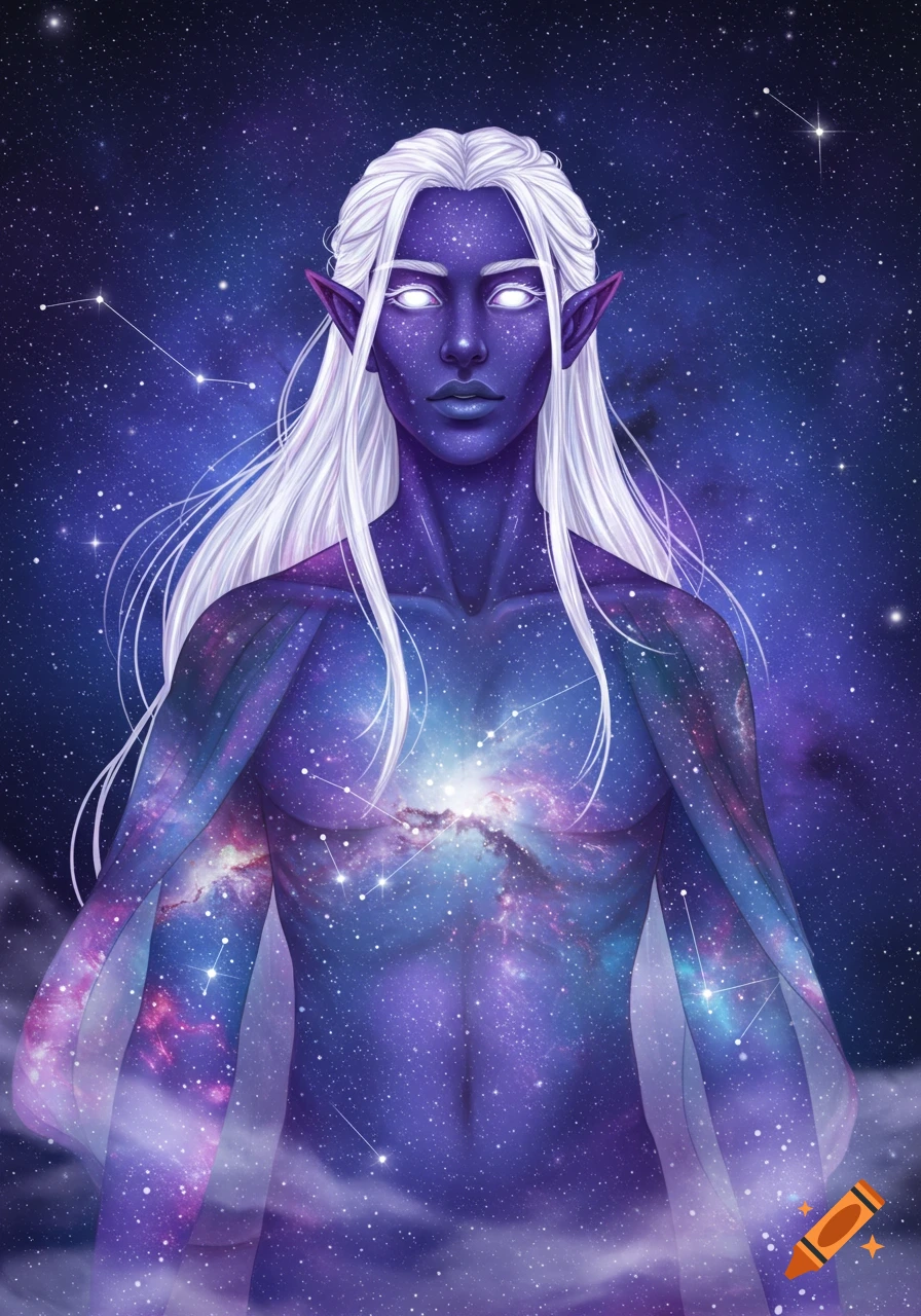 An astral elf with purple starry skin and long white hair, featuring a galaxy in its chest, against a starry cosmic background, digital art.