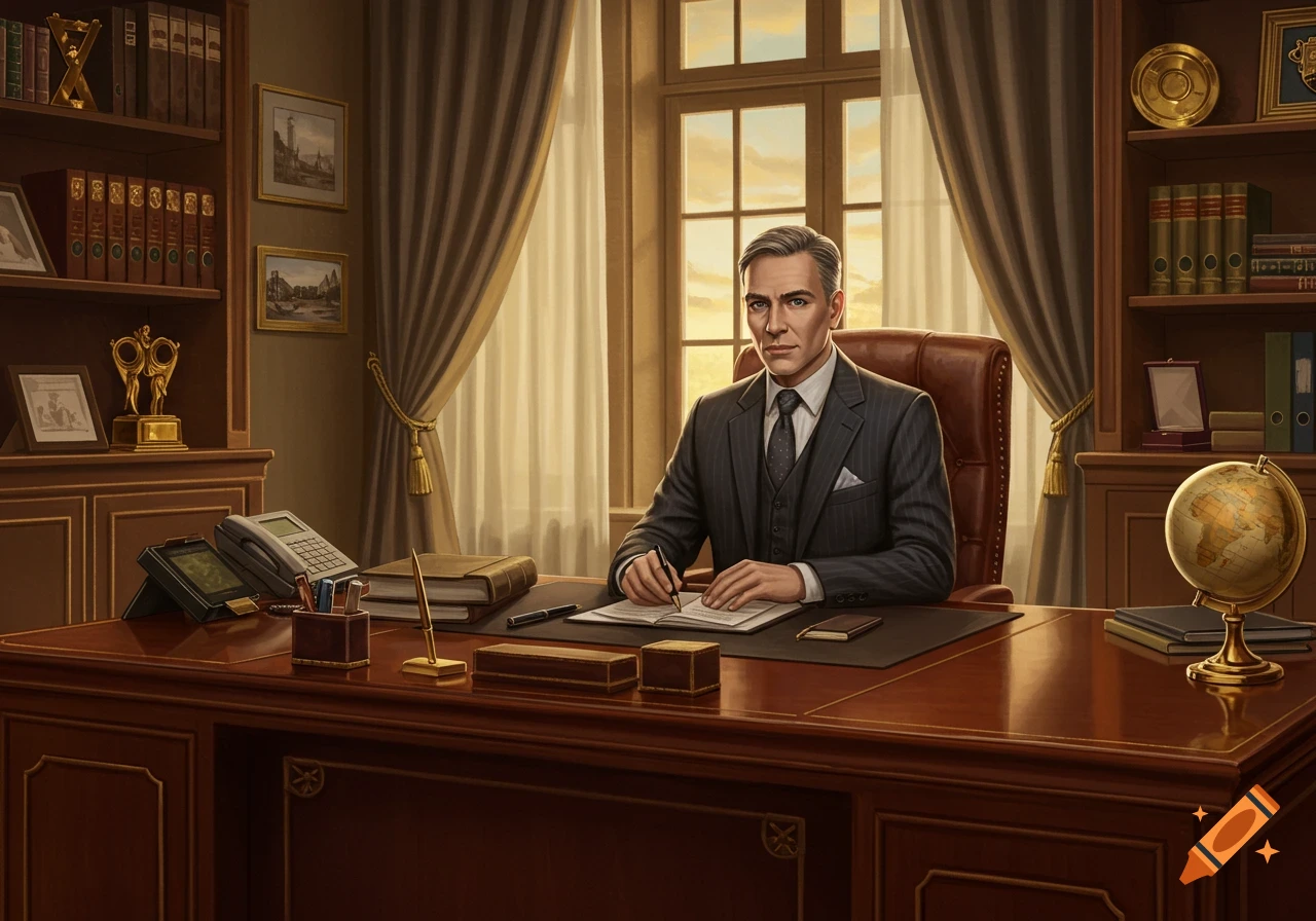 A distinguished man in a pinstripe suit sits at a grand wooden desk in a luxurious office, writing on paper.