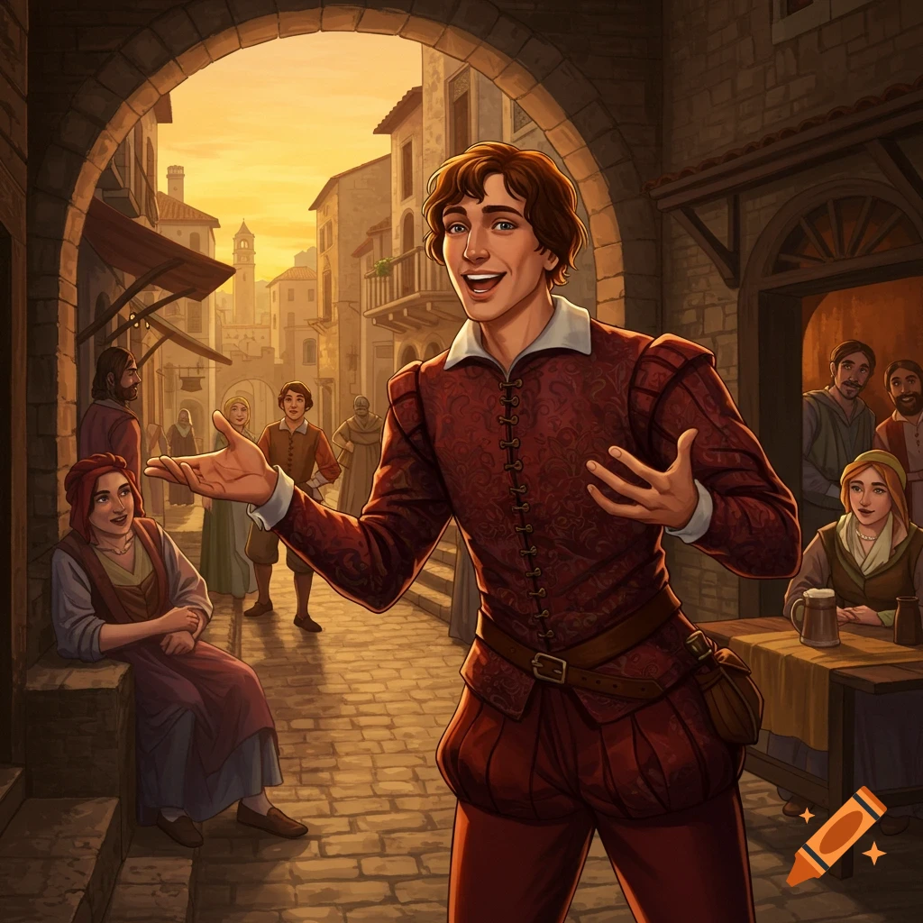 A young man in red renaissance attire gestures in a lively town square at sunset, surrounded by people and ancient buildings.