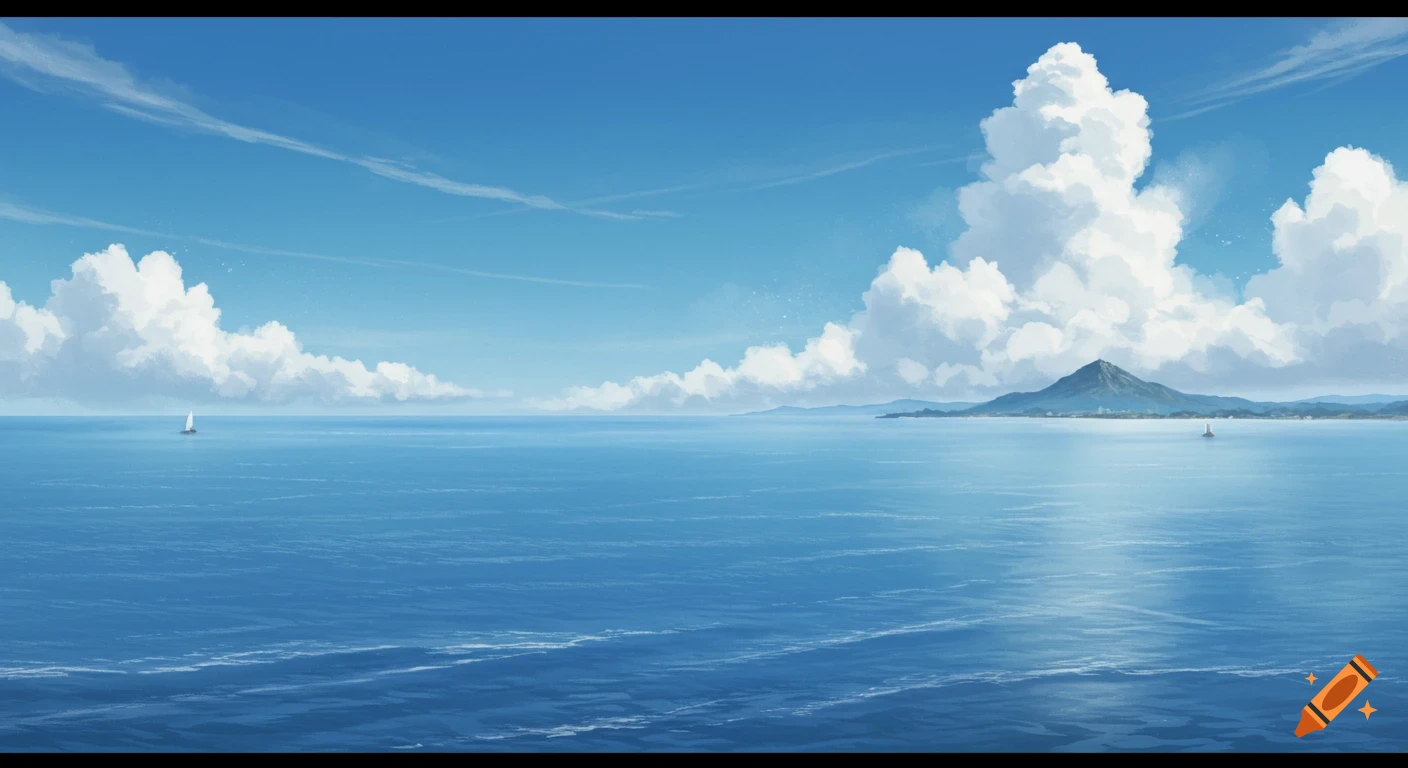A serene anime-style seascape with a blue ocean, white clouds, distant mountains, and two sailboats.
