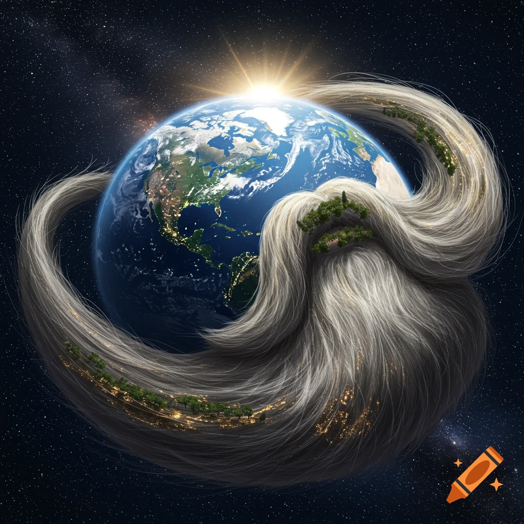 A photorealistic image of planet Earth in space, encircled by a flowing white beard adorned with tiny trees and city lights.
