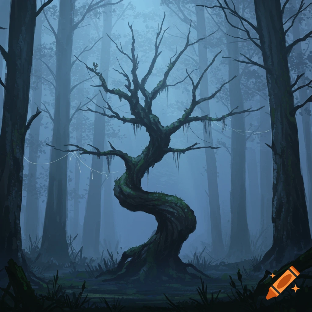 Illustration of a gnarled, moss-covered tree in a dark, foggy forest at dusk.