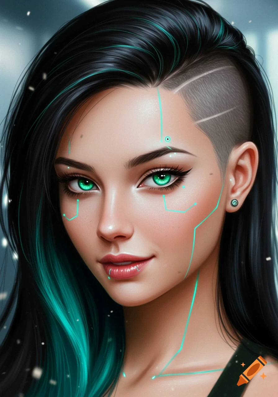 Realistic digital painting of a futuristic woman with emerald eyes, black and turquoise hair, and glowing cybernetic facial lines.