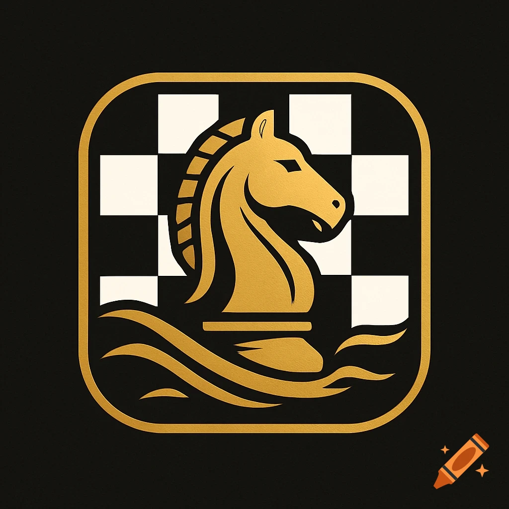 Golden chess knight logo on a black background with a checkered pattern in a rounded square frame.