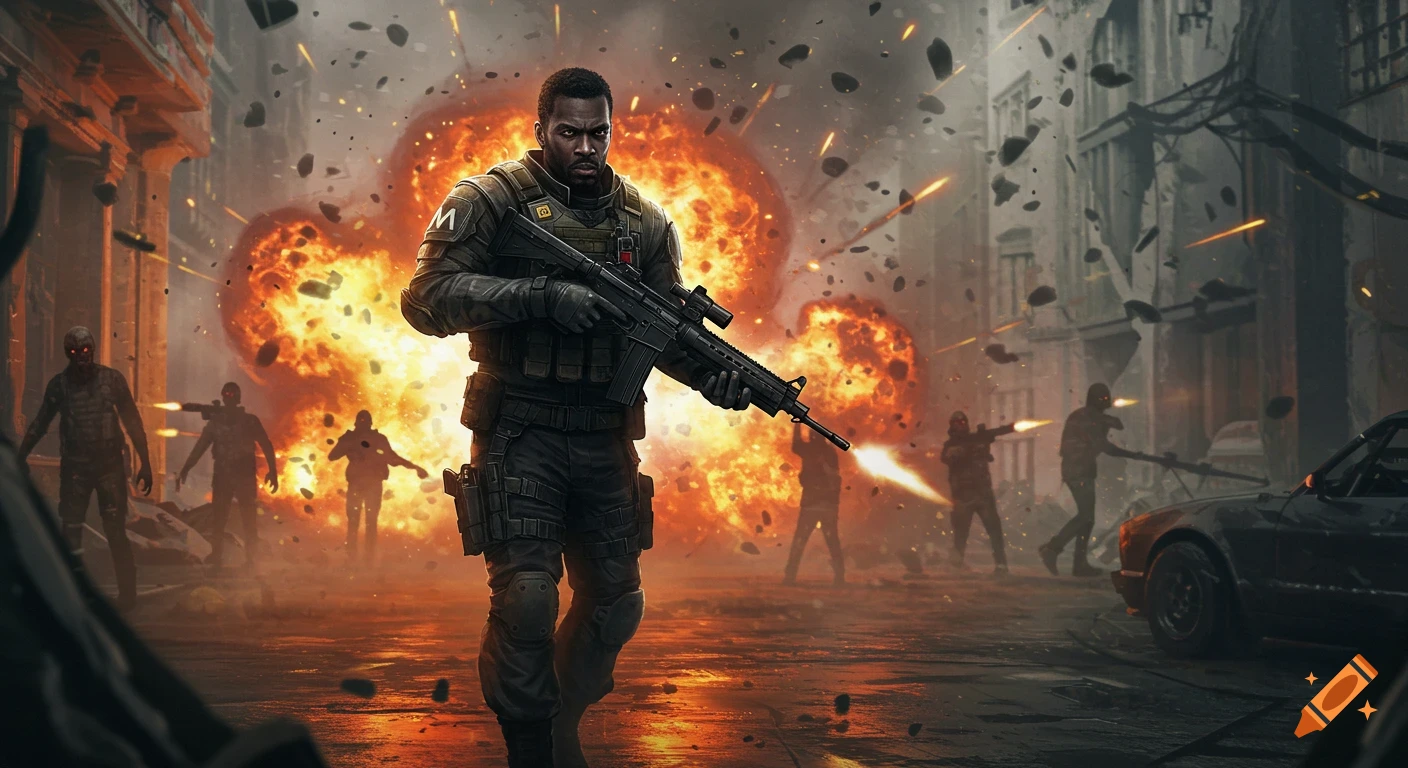 A muscular soldier in tactical gear holds a rifle in a chaotic, war-torn city street amidst explosions and zombie-like figures.