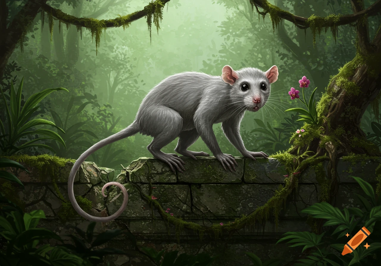 A grey, furry rat-monkey creature with large eyes stands on a mossy wall in a lush, green jungle with pink orchids. Illustrated style.