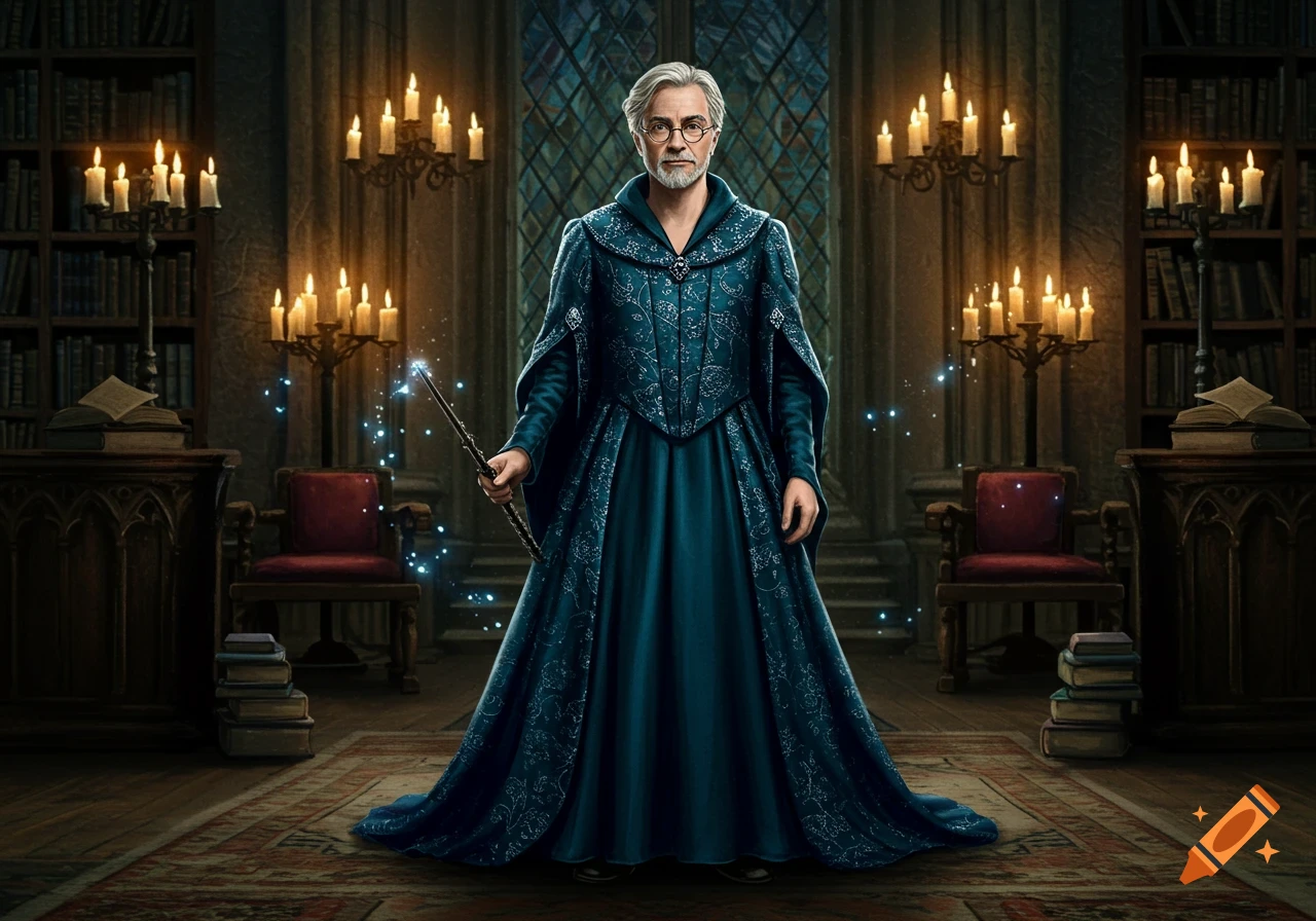 An elderly wizard in a teal embroidered robe holding a glowing magic wand in a candlelit, gothic library.