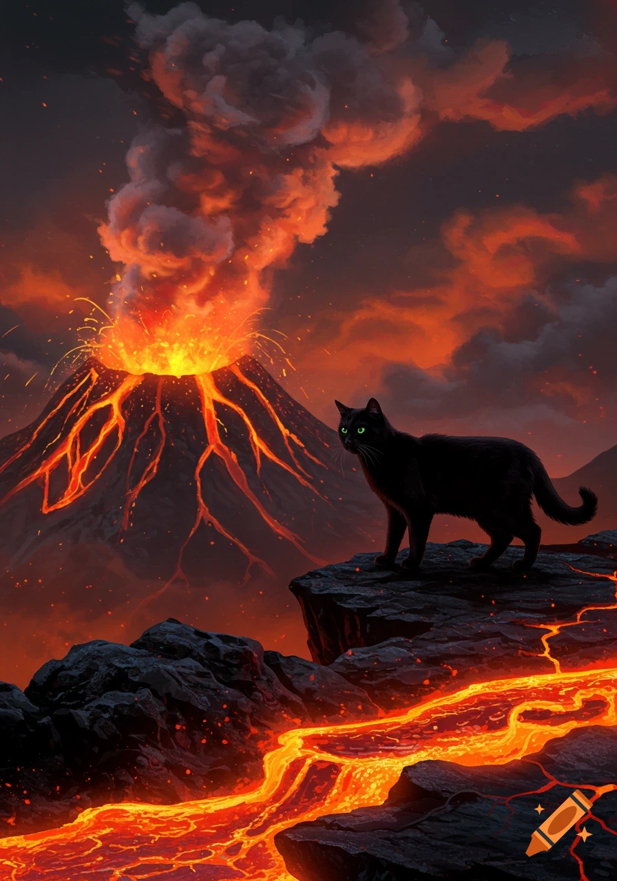 A black cat with glowing green eyes stands on a rock, watching a dramatic volcanic eruption with bright orange lava flows.