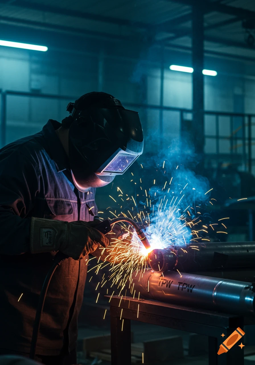 A welder in a helmet and gloves works on metal pipes, producing bright sparks and blue smoke in a dark industrial setting.
