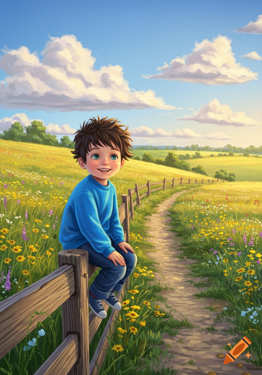 A smiling cartoon boy with blue eyes and messy brown hair sits on a wooden fence in a sunny wildflower field with a dirt path.