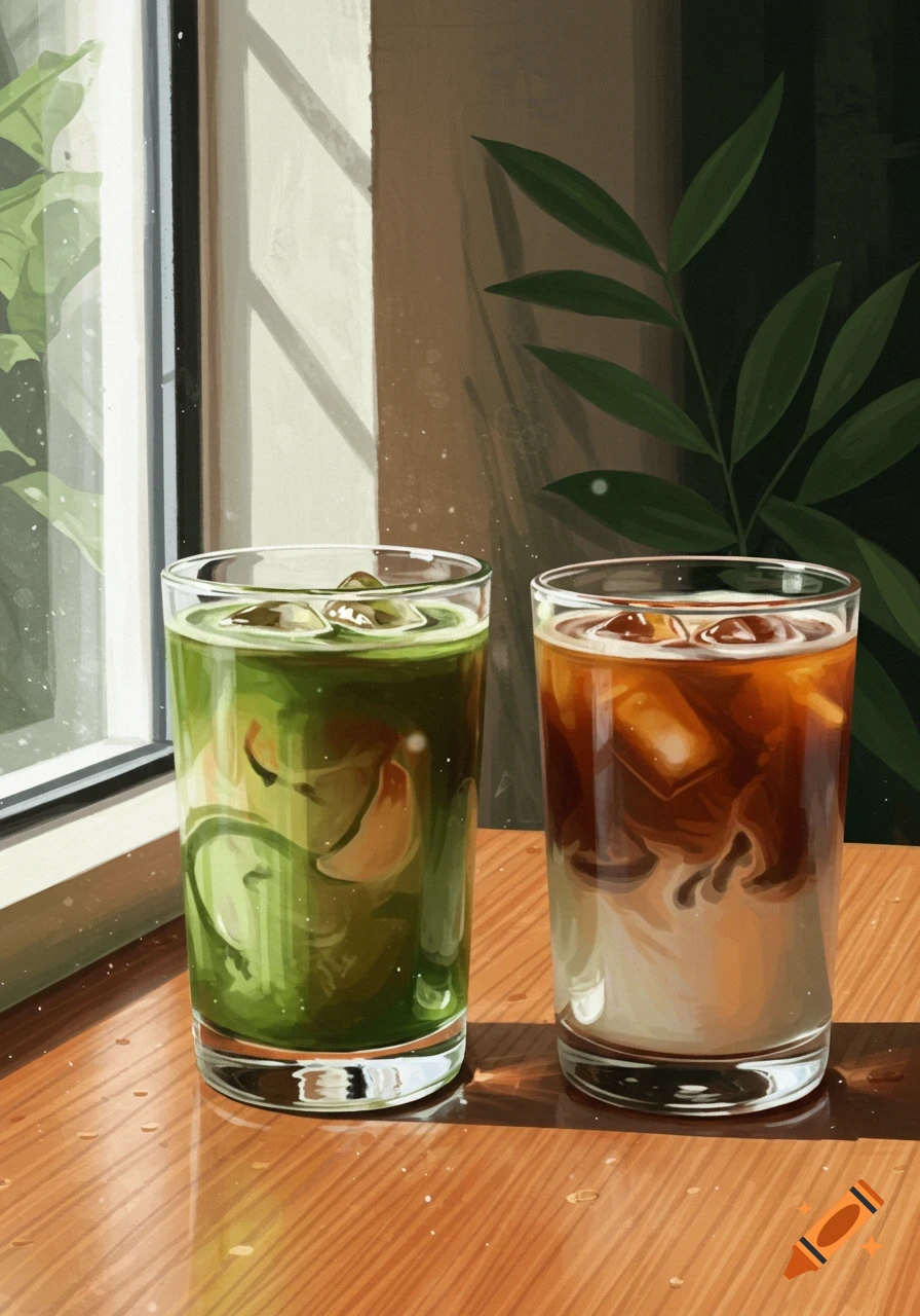 Two illustrative glasses of iced matcha and iced coffee with milk sit on a wooden table by a window with plants.