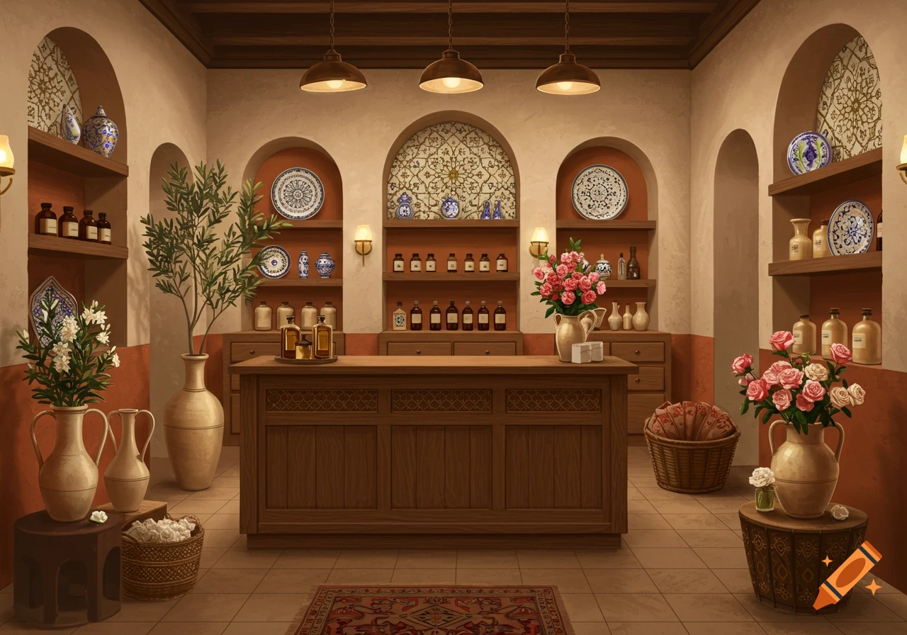 A warm-toned illustration of a Mediterranean-Arabic style perfumery with a wooden counter, arched niches, shelves of bottles, and vases of roses and jasmine.