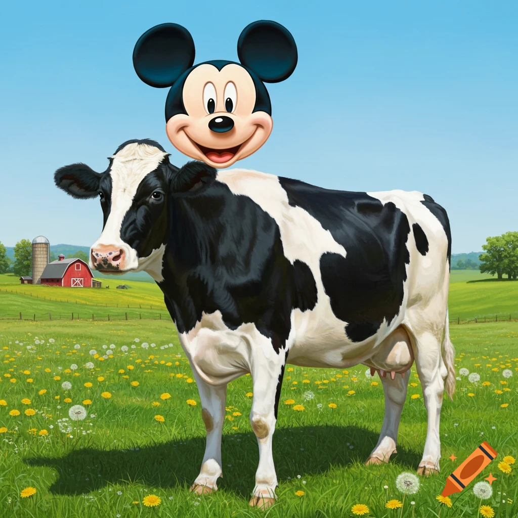 Photorealistic black and white cow with a smiling Mickey Mouse head stands in a sunny green field with a red barn in the background.