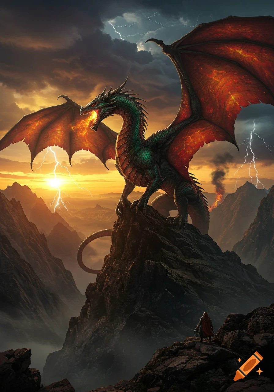 A majestic green and red dragon breathes fire on a mountain peak at sunset, with a figure watching from below. Lightning flashes in the stormy sky.