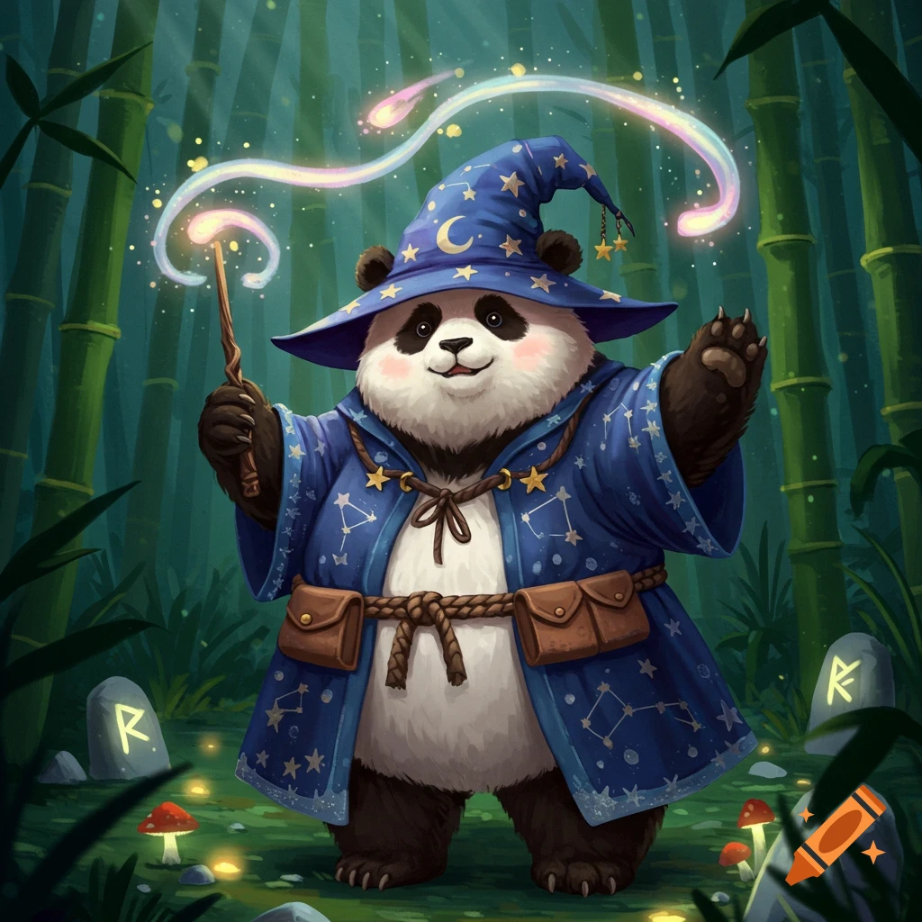 A cute panda wizard holding a magic wand, wearing a blue hat and robe covered in stars, standing in a bamboo forest with glowing runes.
