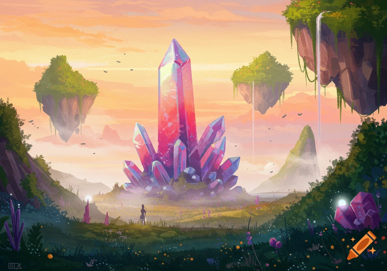 A vibrant fantasy landscape with a large pink crystal, floating islands, and a lone figure in a field under an orange sky, digital painting.