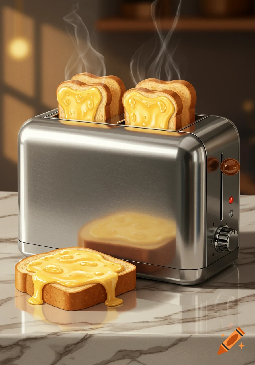 Steaming, cheese-covered toast in a stainless steel toaster and on a marble countertop.