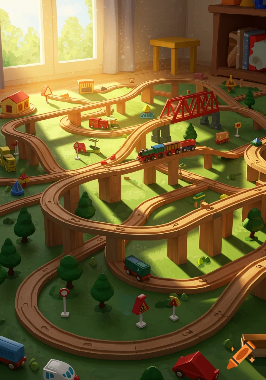 A detailed wooden toy train set with a complex track layout, including bridges and small buildings, on a green mat in a sunny room.