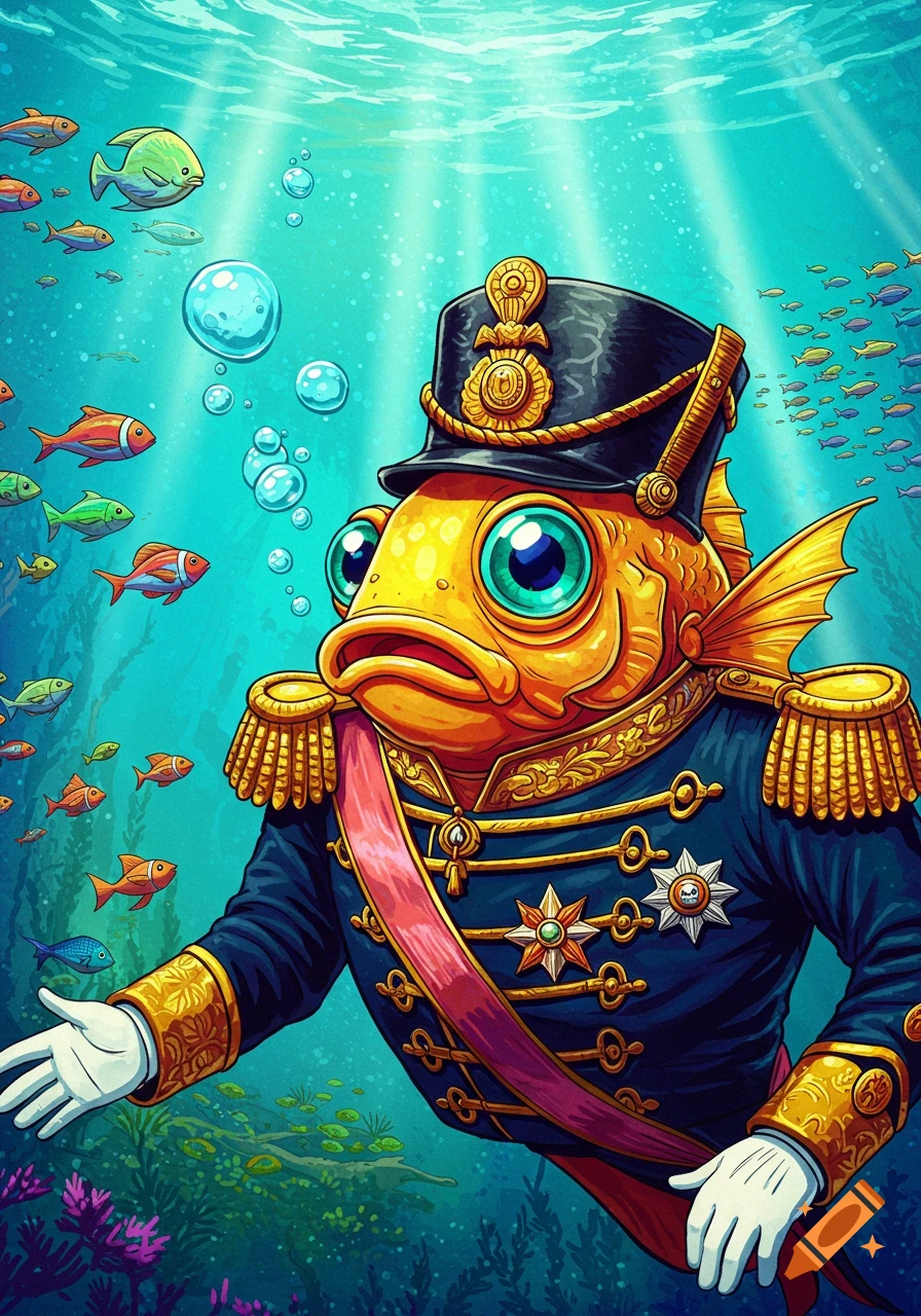 A vibrant illustration of a goldfish in a detailed blue military uniform with gold trim and medals, swimming underwater.