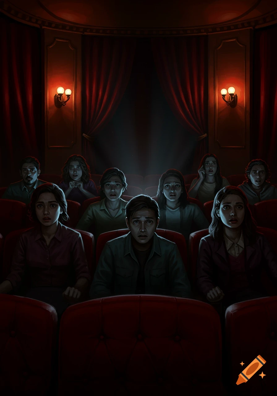 A group of frightened people with wide eyes watch a horror movie in a dark, ornate cinema.