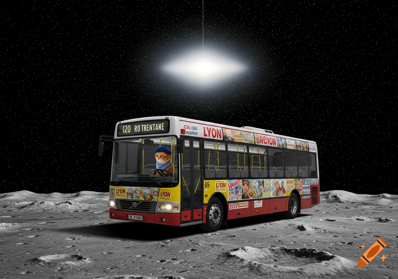 A whimsical image of a red and white city bus on the moon, driven by a cat wearing a blue beret and scarf, under a starry sky with a bright light.