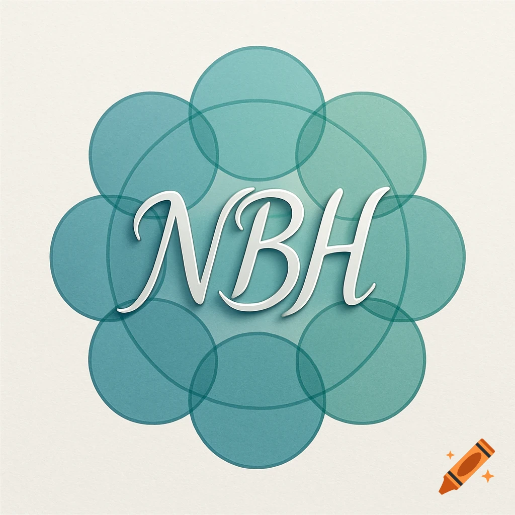 A logo featuring the letters NBH in white script font with a shadow, centered over a cluster of overlapping blue-green circles on a textured cream background.