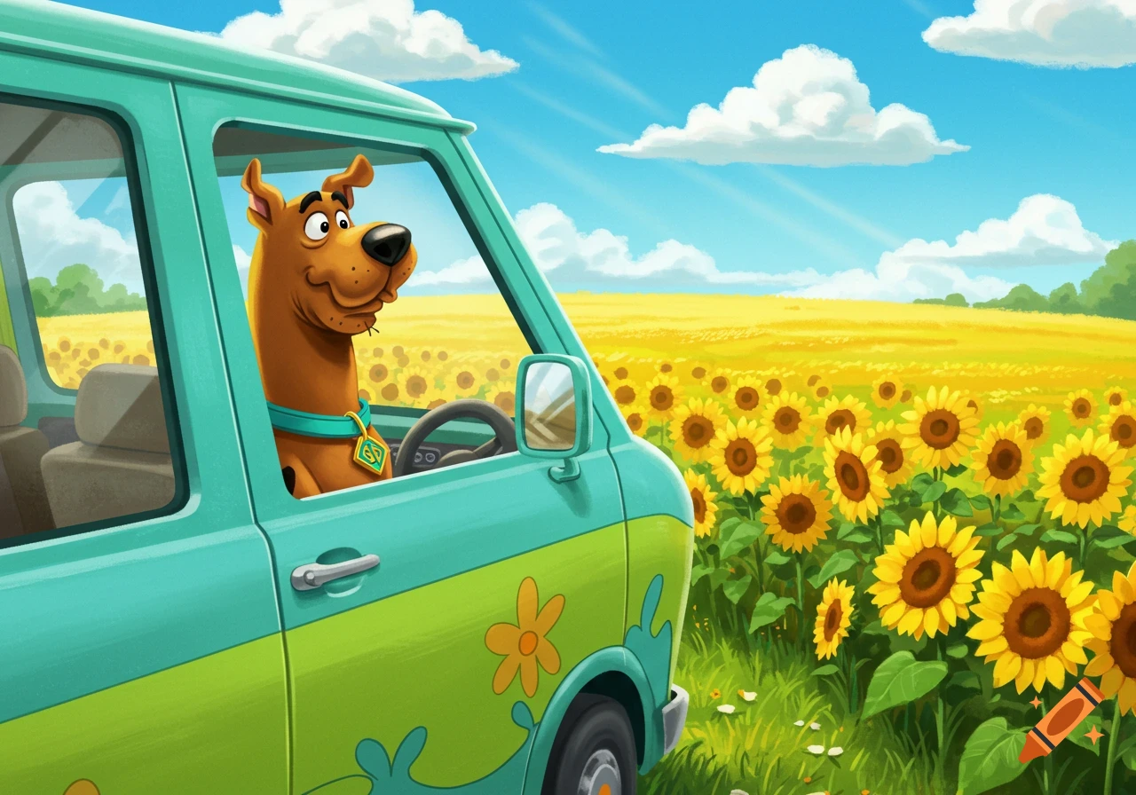 Scooby Doo drives the Mystery Machine van through a sunny field of sunflowers.