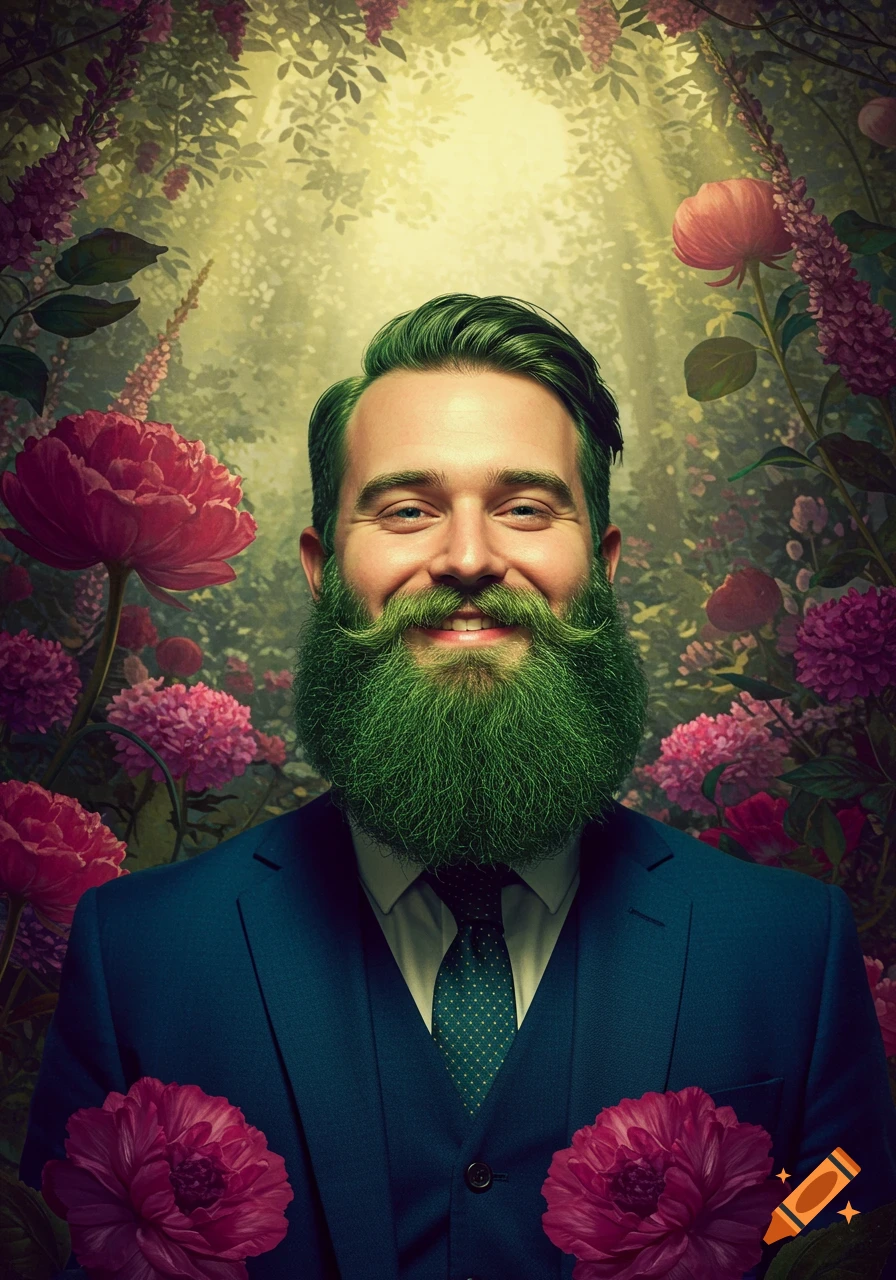 A smiling man with bright green hair and a long green beard wears a suit, surrounded by vibrant pink and purple flowers in a sunlit forest.