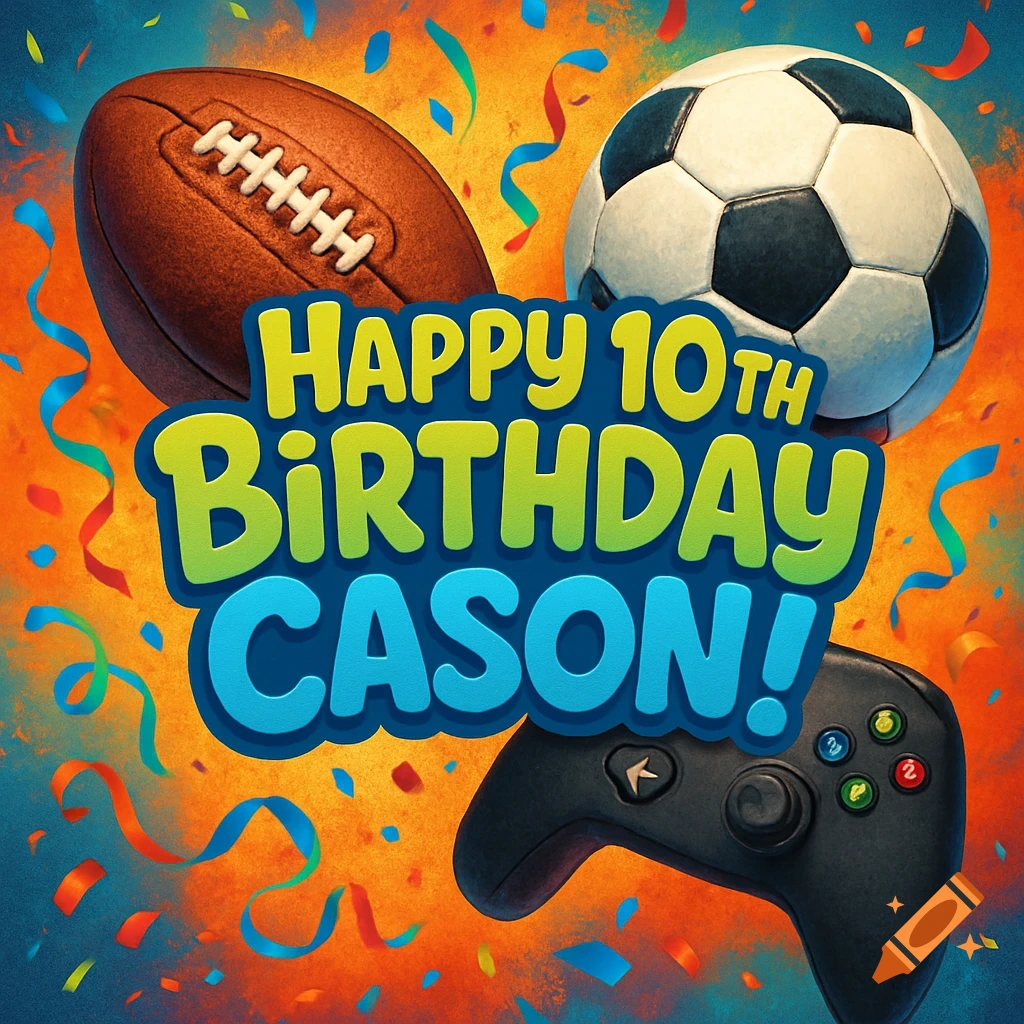 A birthday greeting with a football, soccer ball, Xbox controller, and confetti, saying 'Happy 10th Birthday Cason!'