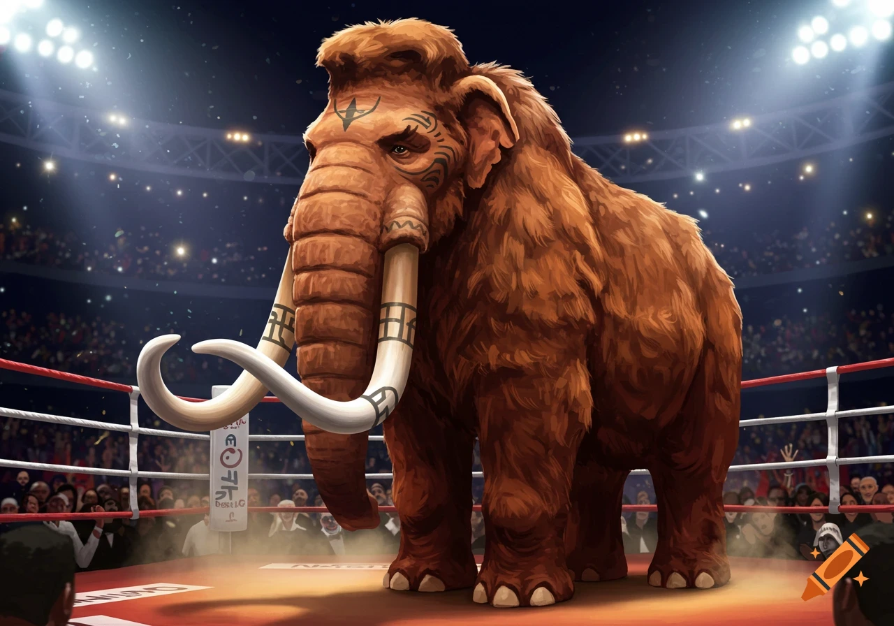 A powerful woolly mammoth with tribal face tattoos stands in a brightly lit boxing ring, surrounded by a cheering crowd, in a detailed digital art style.