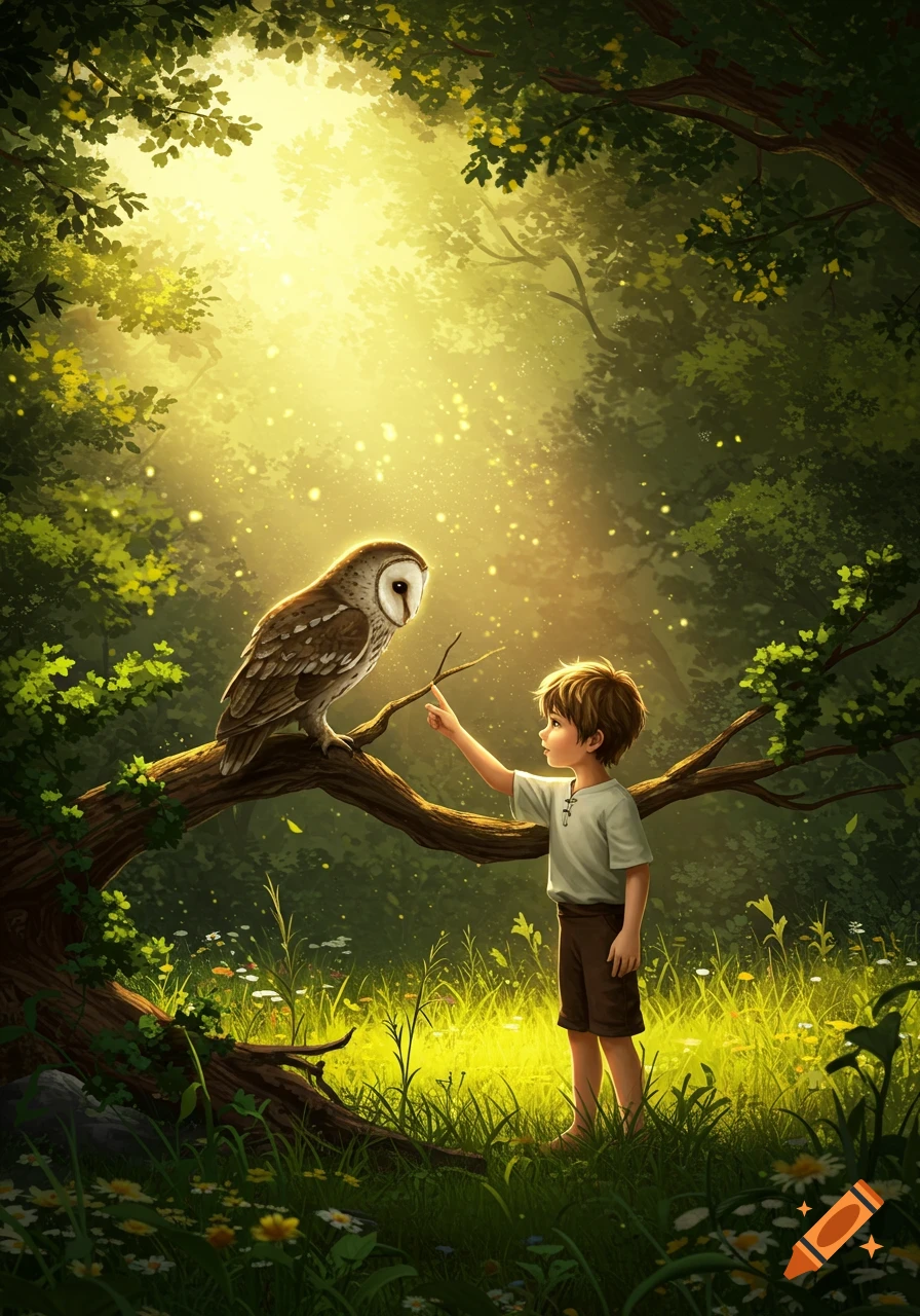A young boy with brown hair points to a barn owl perched on a tree branch in a sun-drenched, magical forest illustration.