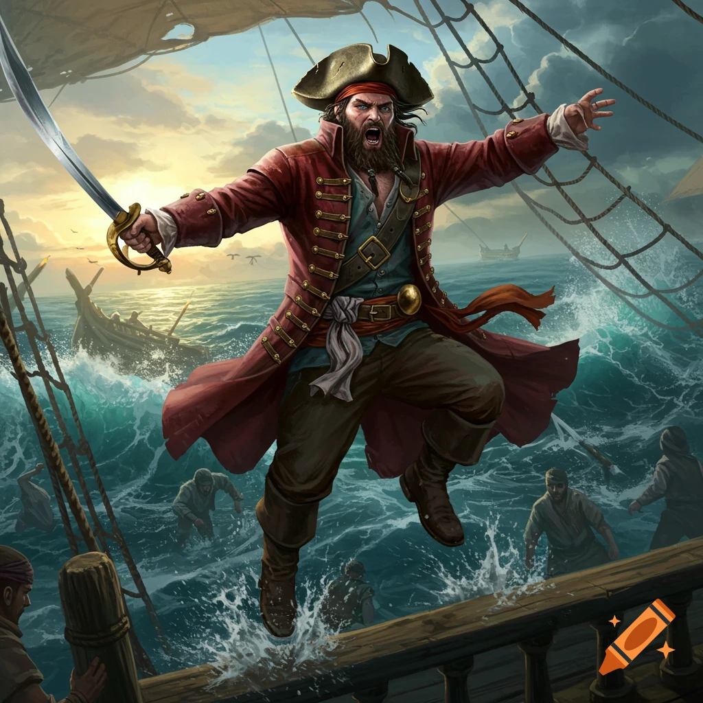 A fierce pirate in a red coat leaps across stormy seas between ships, saber in hand, in an epic fantasy art style.