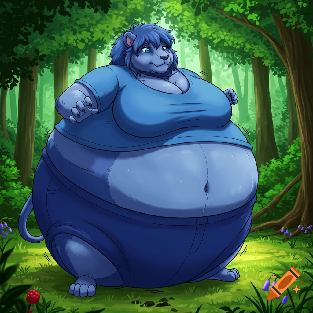 A giant, round blue female lion-like furry character, inflated like a blueberry, stands in a lush green forest.