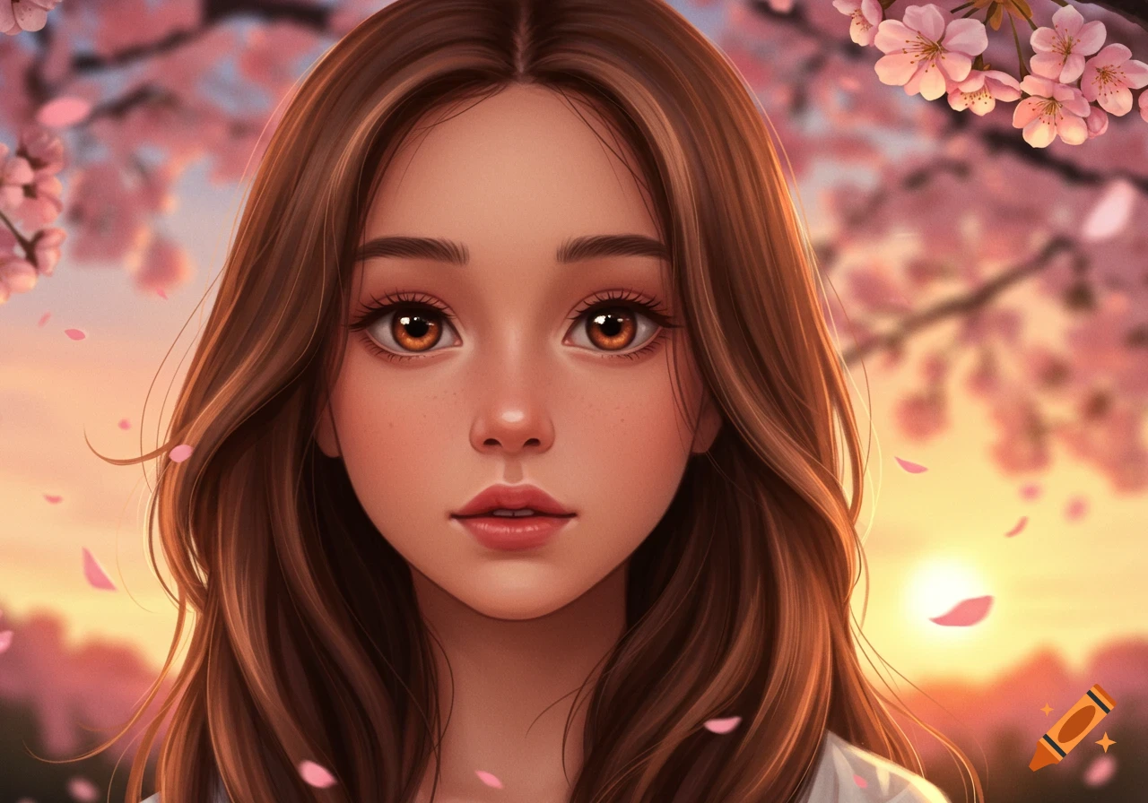 A close-up digital art portrait of a young girl with long brown hair, big brown eyes, and freckles, against a backdrop of pink cherry blossoms at sunset.