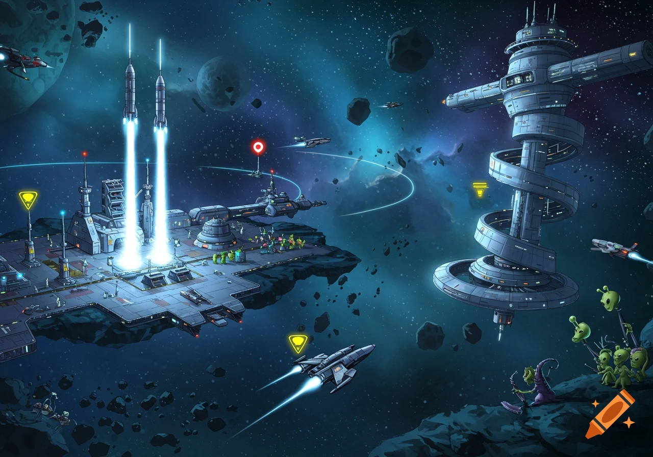 Cartoon space game map with rockets launching from a spaceport, a spiral space station, spaceships, asteroids, and aliens.