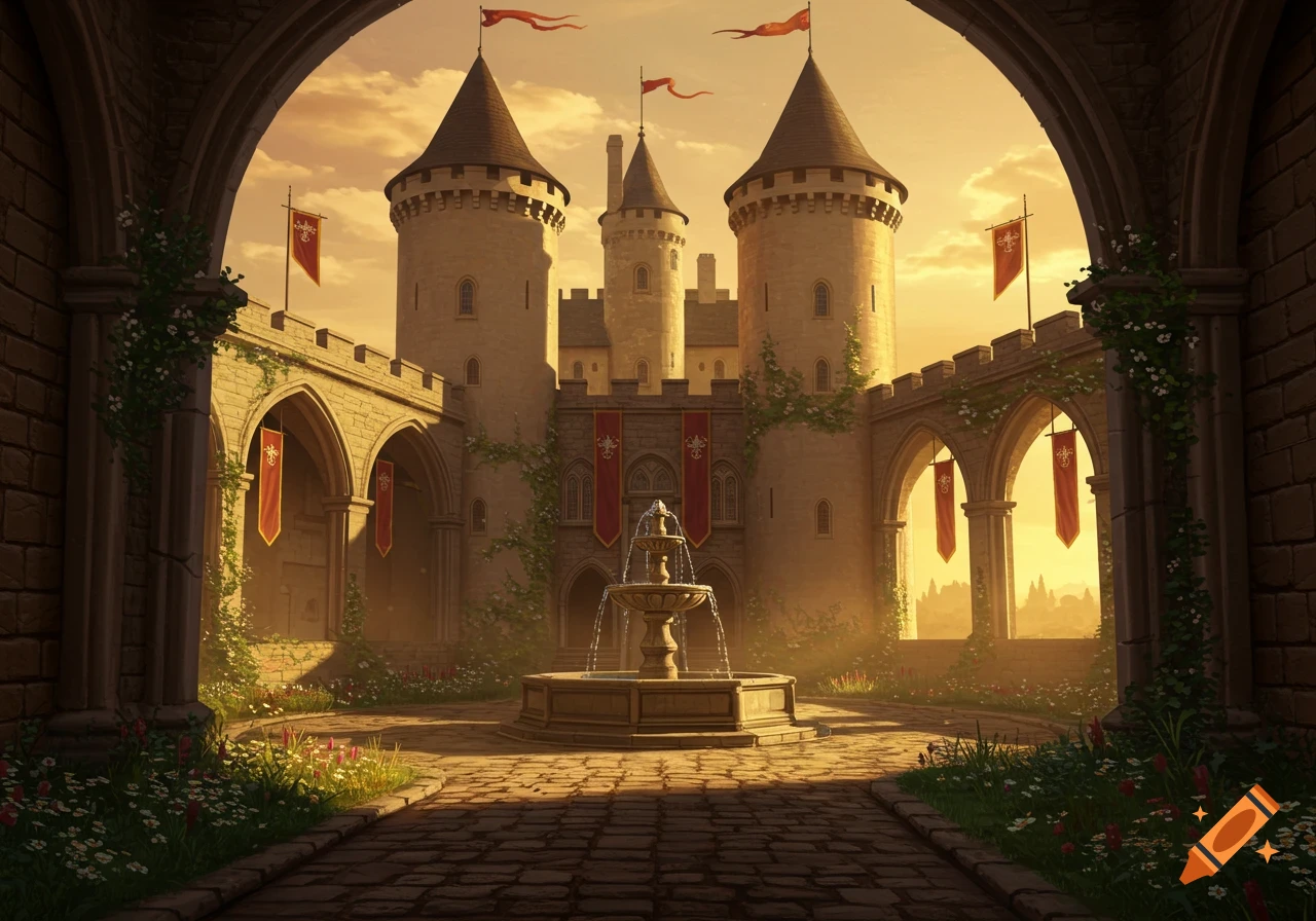 A grand castle courtyard at sunset with a central fountain, surrounded by archways, flowers, and banners, in a photorealistic style.