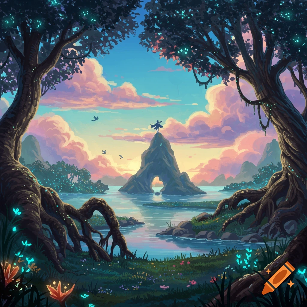 Vibrant fantasy landscape with a person on a rocky island archway in a lake, framed by glowing trees under a sunset sky.