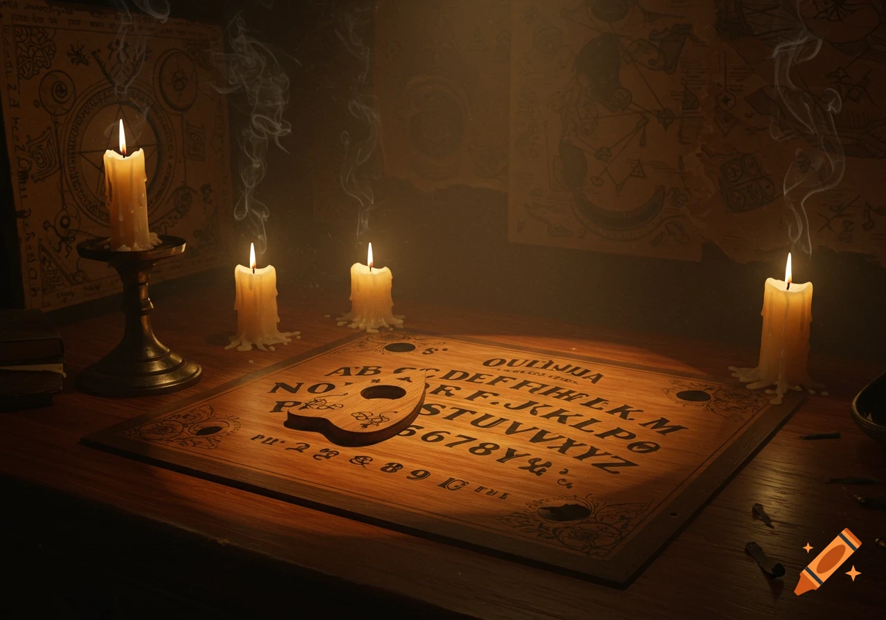 A wooden Ouija board with a planchette, surrounded by four lit, dripping candles with smoke, on a dark wooden table.