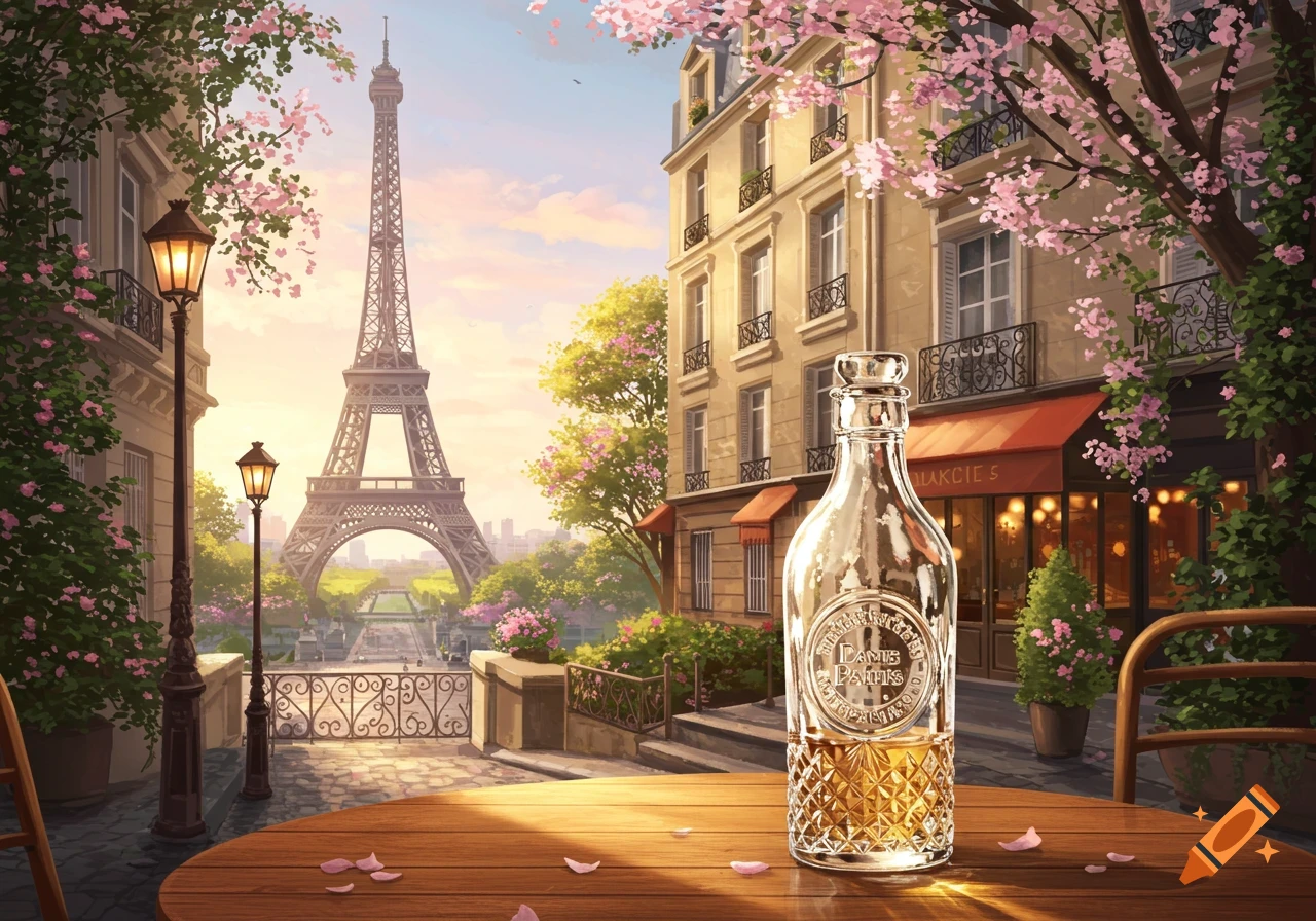 An illustrative painting of a bottle on a wooden table in a Parisian street cafe, with the Eiffel Tower in the background under a sunset sky, surrounded by pink blossoms.