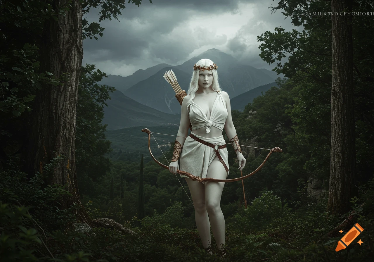 A pale-skinned Greek goddess in a white tunic holds a bow in a forest with mountains under a stormy sky.