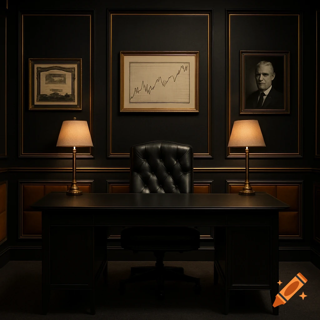 A luxurious dark office with black paneled walls, gold trim, a black desk, tufted leather chair, and framed artwork.