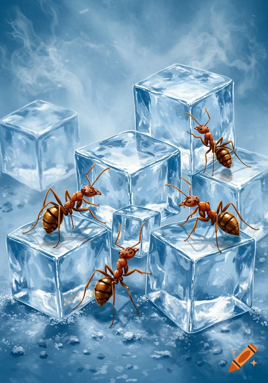 Illustration of five brown ants crawling over and around a stack of translucent blue ice cubes, with frosty vapor in the background.