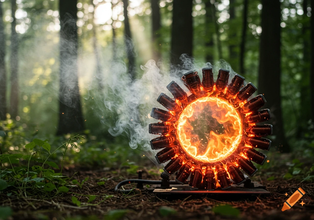 A glowing, burning mechanical device resembling a motor with coils, emitting smoke in a sunlit forest, photorealistic style.